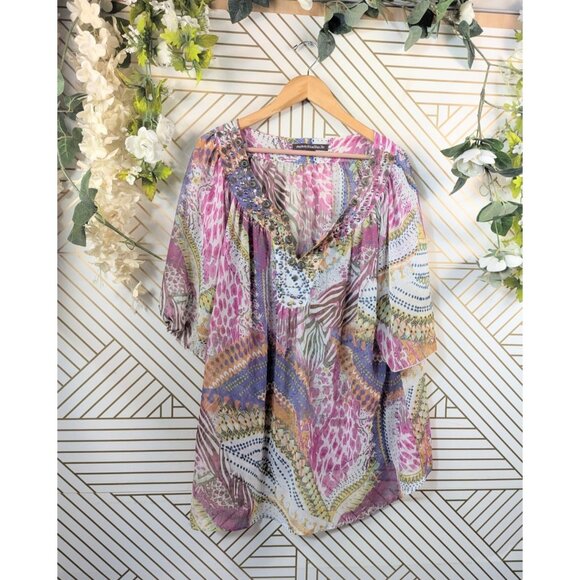Mushka by Sienna Rose Sheer PAISLEY Tunic Top Flowy Boho Beaded Mobwife SIZE 3X - Picture 1 of 7